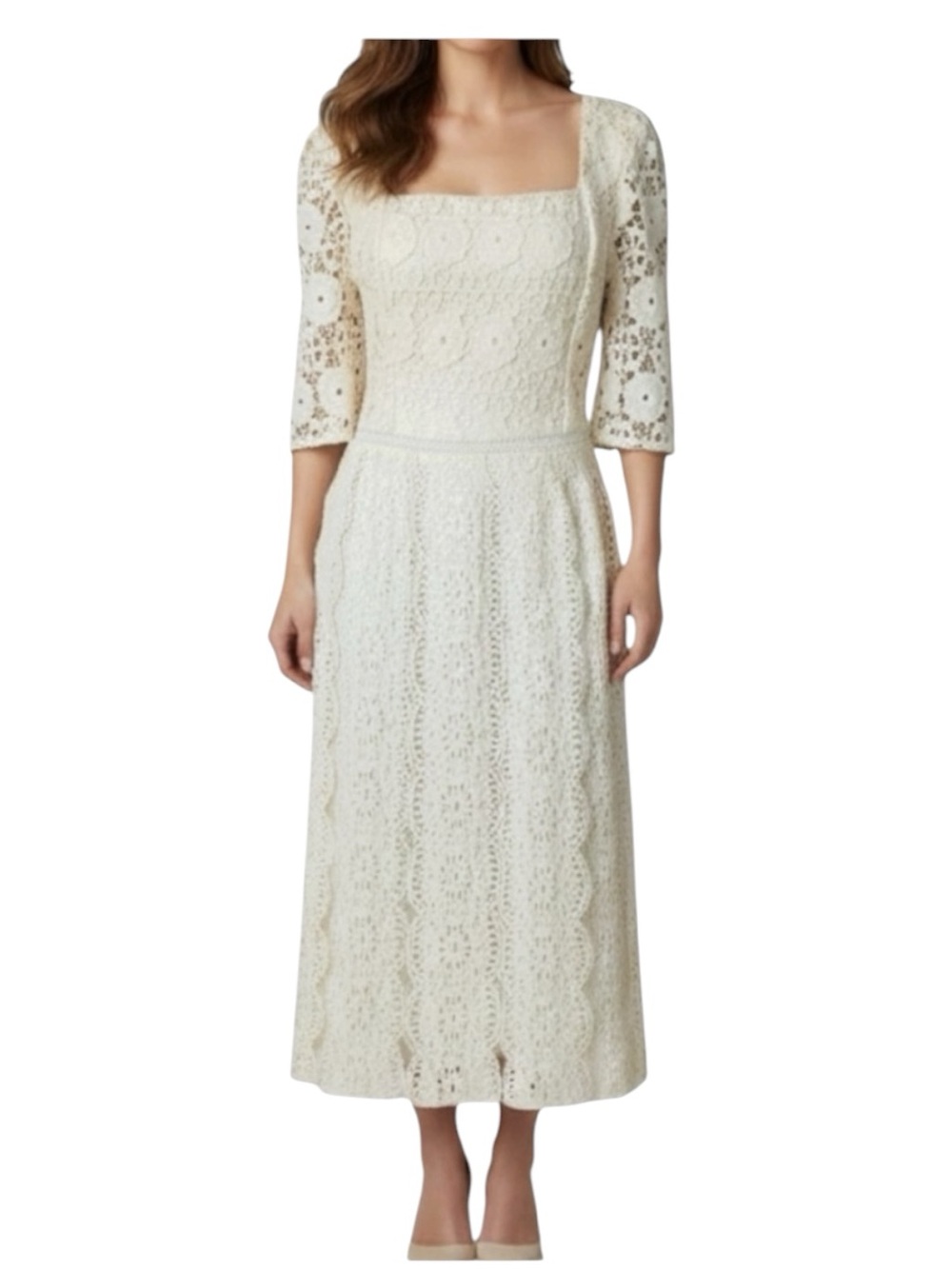 Just Me Cream Crochet Lace Coquette Vintage Victorian Look Wedding Midi Dress S